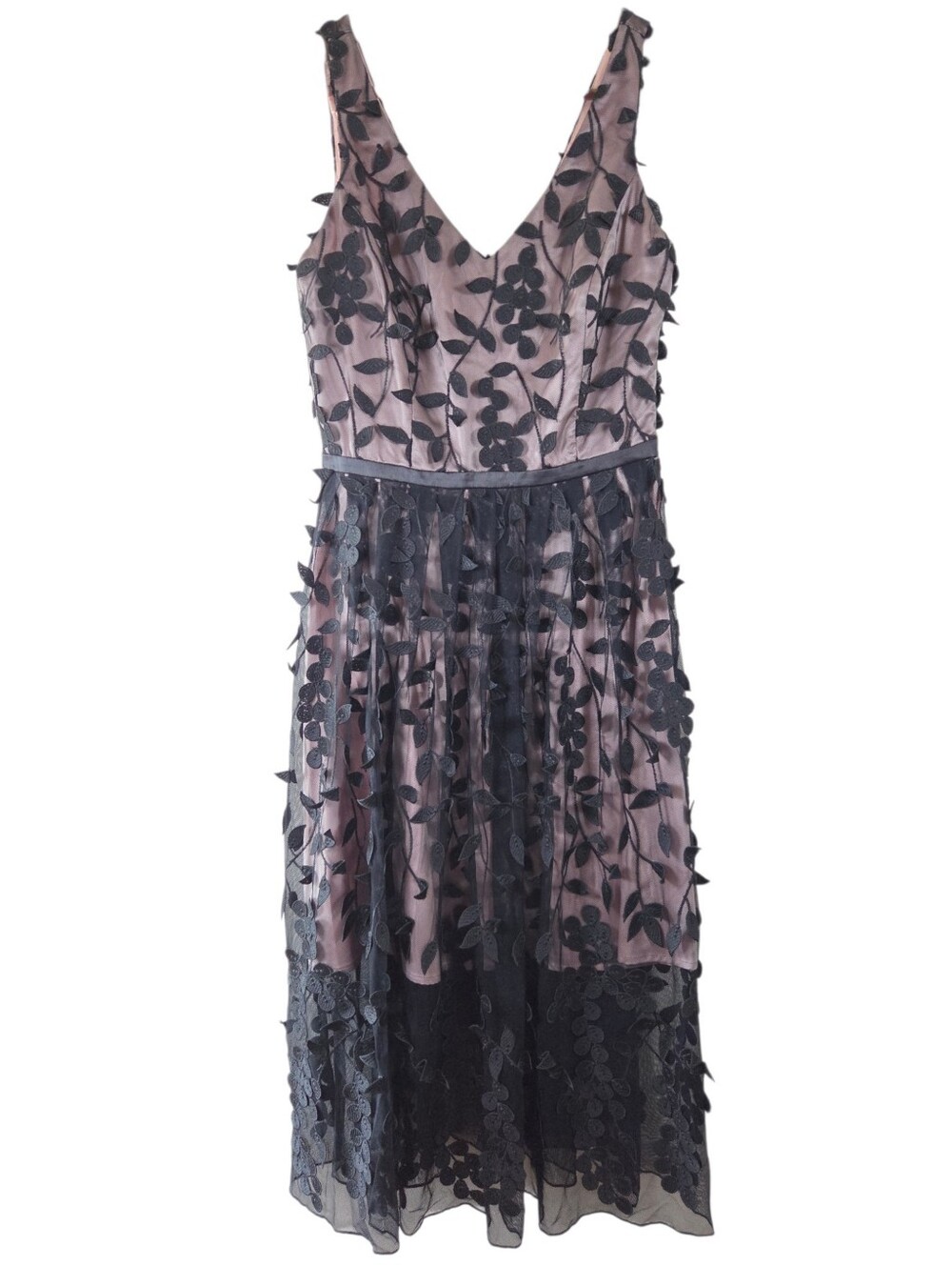 RW&Co Floral Applique Mesh Midi Dress Blush Pink Black Sheer NWT Size 0 Cocktail - Picture 2 of 16
